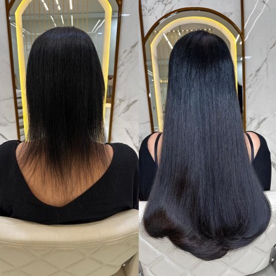 Antes e depois de mega hair invisível — alongamento liso e brilhoso