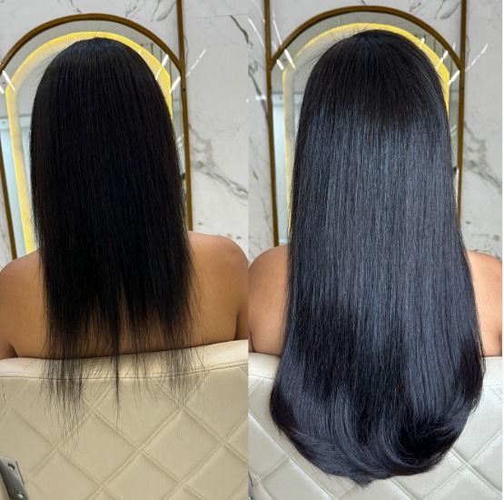 Antes e depois de mega hair preto longo com acabamento sofisticado